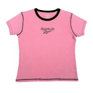 Reebok Women’s Baby Tee Pink Black Ringer Shirt Fitted Athletic Y2K Style Small